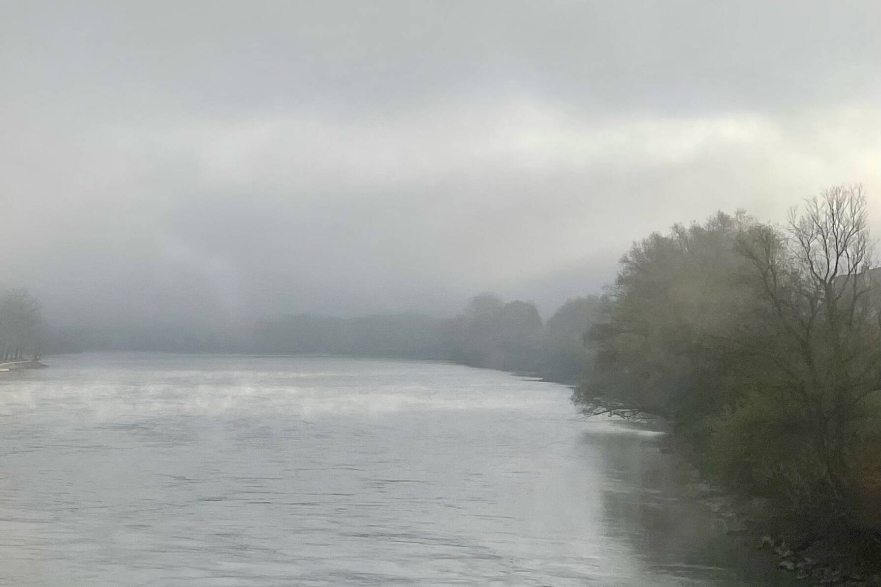 Das Foto zeit den Fluss Inn in Passau kurz vor dem Zusammenfluss mit der Donau. Am linken Ufer sind Bäume sichtbar. Der Morgennebel lichtet sich über dem Wasser